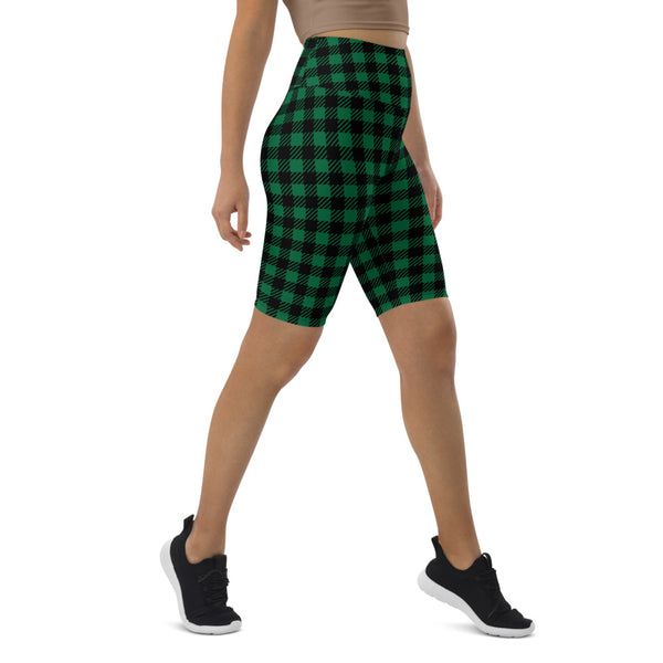Green Plaid Printed Biker Shorts