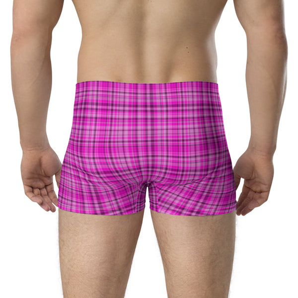Pink Plaid Print Men's Underwear, Mid-Rise Stretchy Elastic Supportive Designer Premium Best Boxer Briefs Short Tights Undergarments -Made in USA/EU/MX (US Size: XS-3XL)