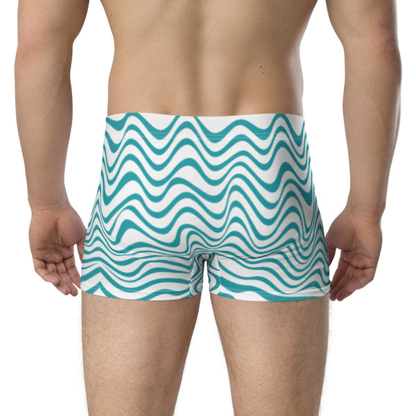 Blue White Waves Men's Underwear, Mid-Rise Stretchy Elastic Supportive Designer Premium Best Boxer Briefs Short Tights Undergarments -Made in USA/EU/MX (US Size: XS-3XL)