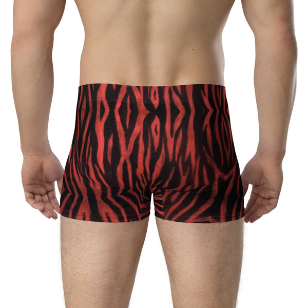 Red Tiger Striped Boxer Briefs, Animal Print Designer Mid-Rise Mid-Rise Stretchy Elastic Supportive Designer Premium Best Boxer Briefs Short Tights Undergarments Underpants -Made in USA/EU/MX (US Size: XS-3XL)