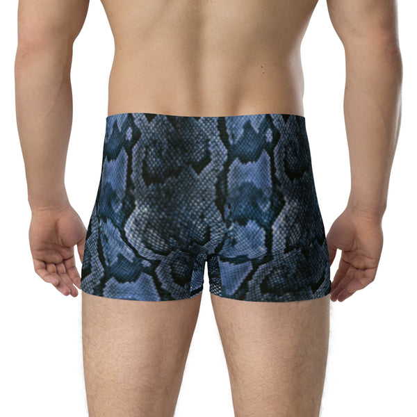 Dark Blue Men's Boxer Briefs, Snake Print Sexy Wild Mid-Rise Stretchy Elastic Supportive Designer Premium Best Boxer Briefs Short Tights Undergarments Underpants -Made in USA/EU/MX (US Size: XS-3XL)