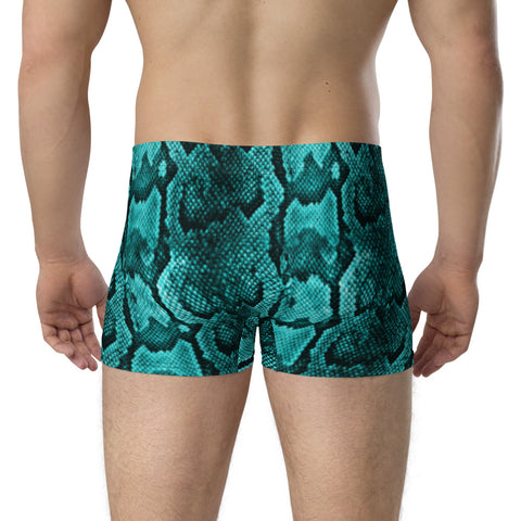Turquoise Blue Men's Boxer Briefs, Snake Print Sexy Wild Mid-Rise Stretchy Elastic Supportive Designer Premium Best Boxer Briefs Short Tights Undergarments -Made in USA/EU/MX (US Size: XS-3XL)