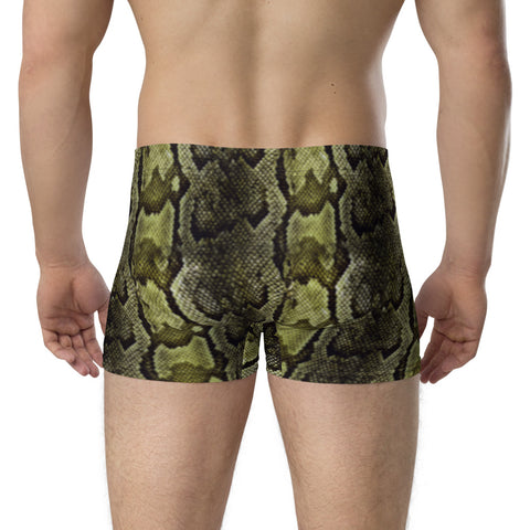 Dark Green Men's Boxer Briefs, Snake Print Sexy Wild Mid-Rise Stretchy Elastic Supportive Designer Premium Best Boxer Briefs Short Tights Undergarments Underpants -Made in USA/EU/MX (US Size: XS-3XL)