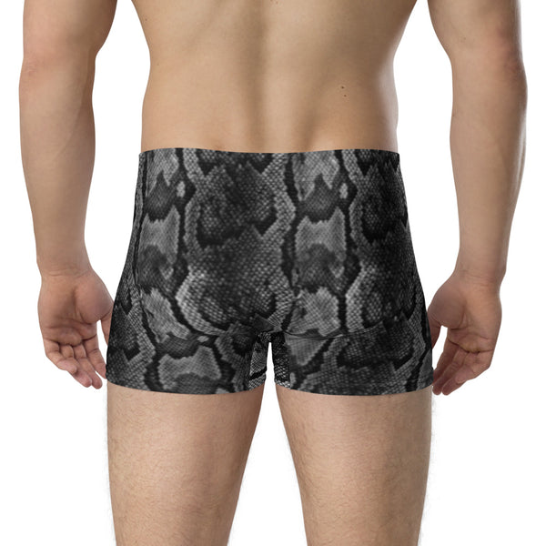 Grey Snake Men's Boxer Briefs, Snake Print Sexy Wild Mid-Rise Stretchy Elastic Supportive Designer Premium Best Boxer Briefs Short Tights Undergarments Underpants -Made in USA/EU/MX (US Size: XS-3XL)