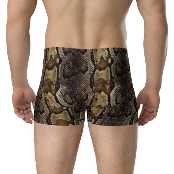 Dark Brown Men's Boxer Briefs, Snake Print Sexy Wild Mid-Rise Stretchy Elastic Supportive Designer Premium Best Boxer Briefs Short Tights Undergarments Underpants -Made in USA/EU/MX (US Size: XS-3XL)