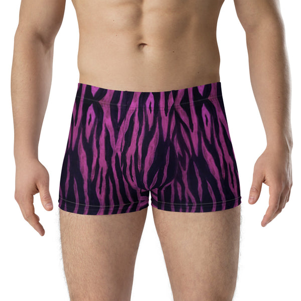 Pink Tiger Striped Boxer Briefs, Animal Print Designer Mid-Rise Mid-Rise Stretchy Elastic Supportive Designer Premium Best Boxer Briefs Short Tights Undergarments Underpants -Made in USA/EU/MX (US Size: XS-3XL)