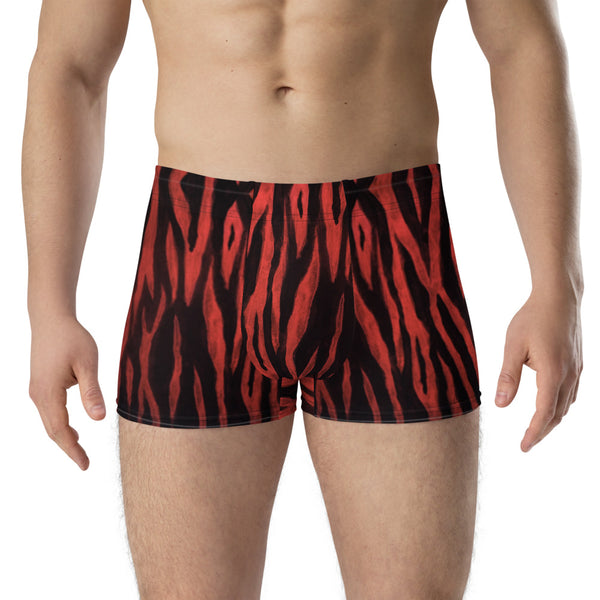 Red Tiger Striped Men's Underwear, Red Animal Print Tiger Stripes Mid-Rise Stretchy Elastic Supportive Designer Premium Best Boxer Briefs Short Tights Undergarments -Made in USA/EU/MX (US Size: XS-3XL)