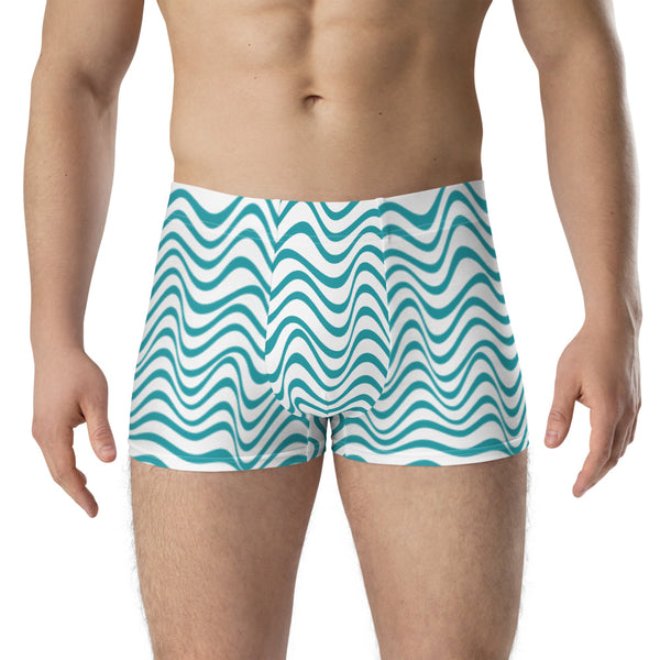 Blue White Waves Men's Underwear, Mid-Rise Stretchy Elastic Supportive Designer Premium Best Boxer Briefs Short Tights Undergarments -Made in USA/EU/MX (US Size: XS-3XL)