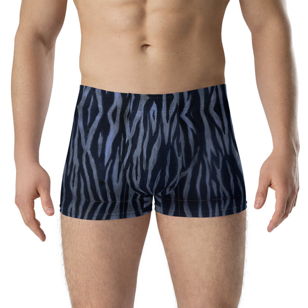 Blue Tiger Striped Boxer Briefs, Animal Print Designer Mid-Rise Mid-Rise Stretchy Elastic Supportive Designer Premium Best Boxer Briefs Short Tights Undergarments Underpants -Made in USA/EU/MX (US Size: XS-3XL)