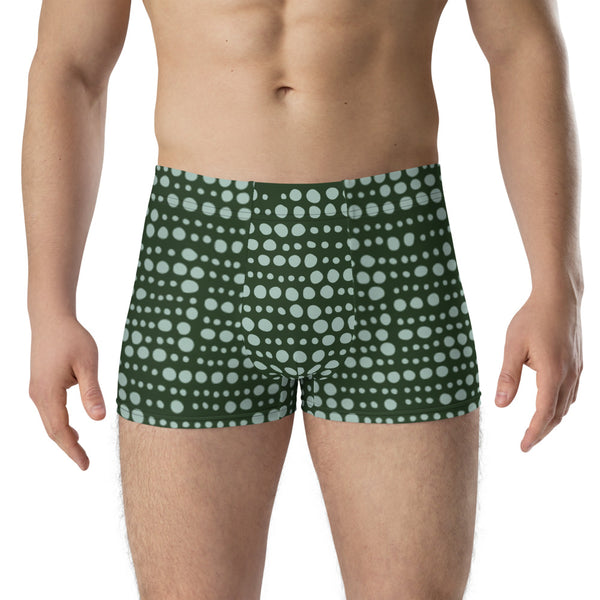 Green Pattern Men's Boxer Briefs, Dotted Mid-Rise Stretchy Elastic Supportive Designer Premium Best Boxer Briefs Short Tights Undergarments -Made in USA/EU/MX (US Size: XS-3XL)