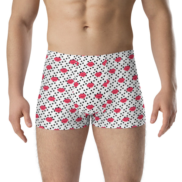 Sexy Kisses Men's Underwear, White and Black Polka Dots Printed Mid-Rise Stretchy Elastic Supportive Designer Premium Best Boxer Briefs Short Tights Undergarments -Made in USA/EU/MX (US Size: XS-3XL)