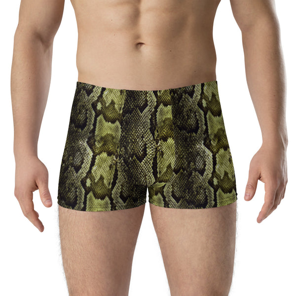 Dark Green Men's Boxer Briefs, Snake Print Sexy Wild Mid-Rise Stretchy Elastic Supportive Designer Premium Best Boxer Briefs Short Tights Undergarments Underpants -Made in USA/EU/MX (US Size: XS-3XL)