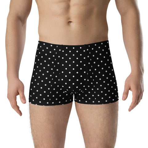 Polka Dots Men's Boxer Briefs, Designer Mid-Rise Black and White Dotted Polka Dots Printed Mid-Rise Stretchy Elastic Supportive Designer Premium Best Boxer Briefs Short Tights Undergarments Underpants -Made in USA/EU/MX (US Size: XS-3XL)
