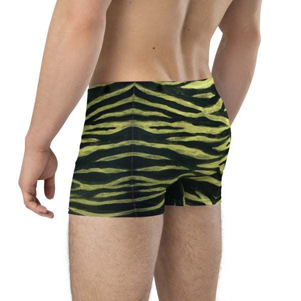 Yellow Tiger Striped Men's Underwear, Animal Print Yellow Tiger Stripes Mid-Rise Stretchy Elastic Supportive Designer Premium Best Boxer Briefs Short Tights Undergarments -Made in USA/EU/MX (US Size: XS-3XL)