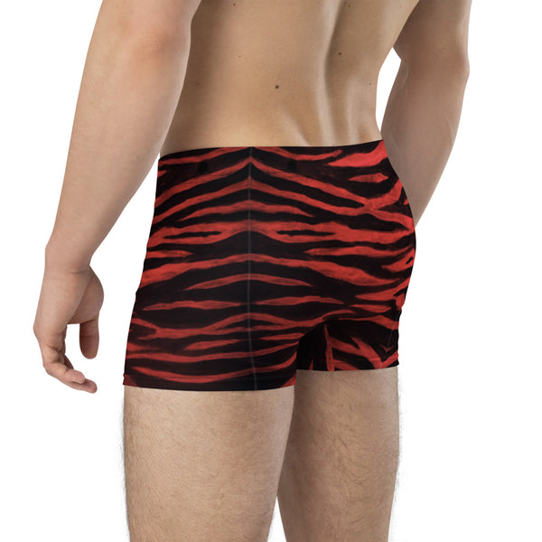 Red Tiger Striped Men's Underwear, Animal Print Red Tiger Stripes Mid-Rise Stretchy Elastic Supportive Designer Premium Best Boxer Briefs Short Tights Undergarments -Made in USA/EU/MX (US Size: XS-3XL)