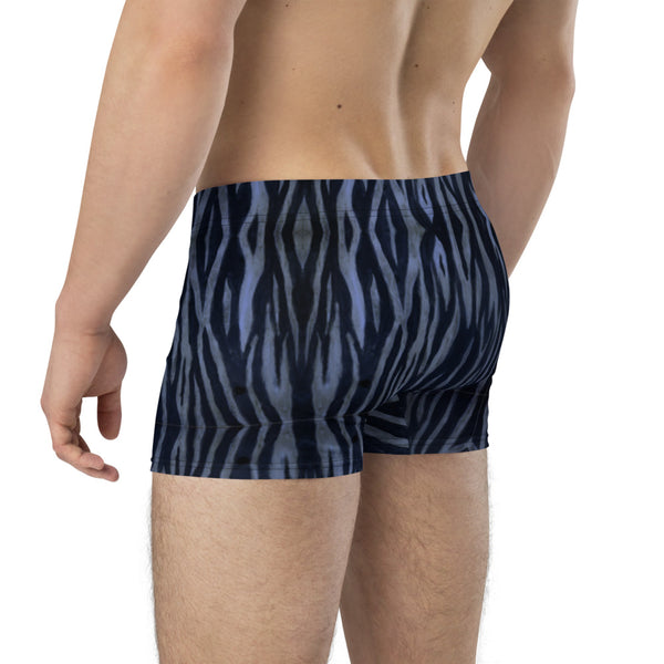 Blue Tiger Striped Boxer Briefs, Animal Print Designer Mid-Rise Mid-Rise Stretchy Elastic Supportive Designer Premium Best Boxer Briefs Short Tights Undergarments Underpants -Made in USA/EU/MX (US Size: XS-3XL)