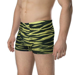 Yellow Tiger Striped Men's Underwear, Animal Print Yellow Tiger Stripes Mid-Rise Stretchy Elastic Supportive Designer Premium Best Boxer Briefs Short Tights Undergarments -Made in USA/EU/MX (US Size: XS-3XL)