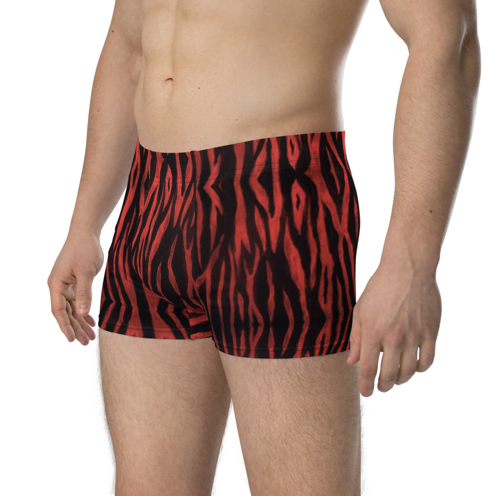 Red Tiger Striped Boxer Briefs, Animal Print Designer Mid-Rise Mid-Rise Stretchy Elastic Supportive Designer Premium Best Boxer Briefs Short Tights Undergarments Underpants -Made in USA/EU/MX (US Size: XS-3XL)