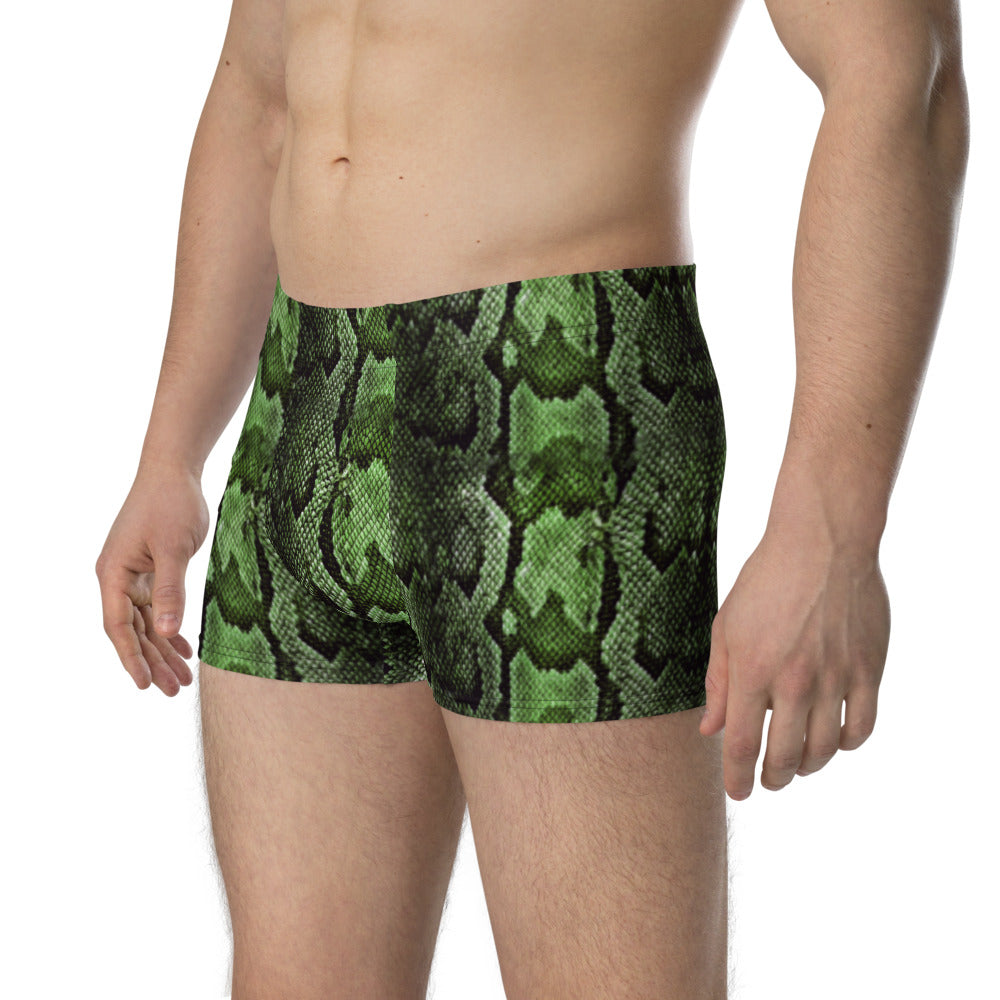 Green Snake Men's Boxer Briefs, Snake Skin Print Sexy Wild Mid-Rise Stretchy Elastic Supportive Designer Premium Best Boxer Briefs Short Tights Undergarments Underpants -Made in USA/EU/MX (US Size: XS-3XL)