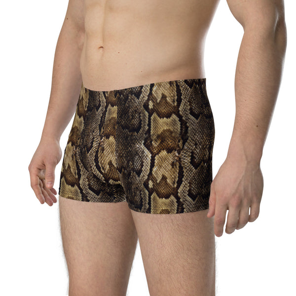 Brown Snake Skin Boxer Briefs, Faux Snake Print Boxer Briefs Mid-Rise Underpants For Men-Made in USA/EU