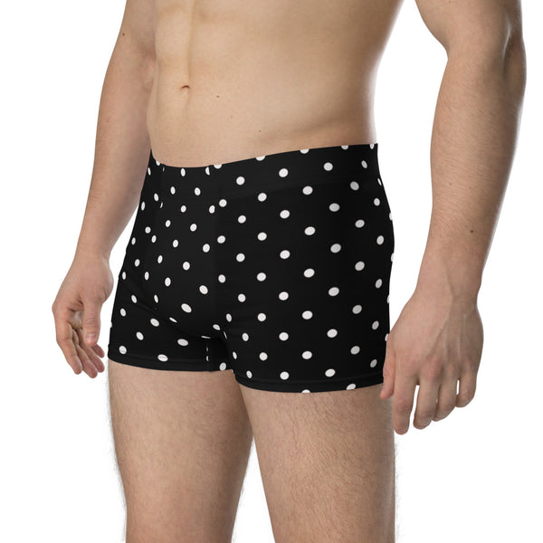 Black Polka Dots Boxer Briefs, Mid-Rise Stretchy Elastic Supportive Designer Premium Best Boxer Briefs Short Tights Undergarments -Made in USA/EU/MX (US Size: XS-3XL)