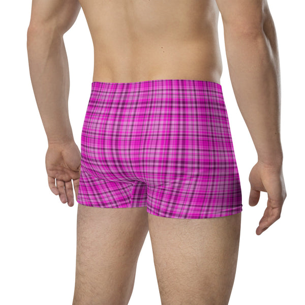 Pink Plaid Print Men's Underwear, Mid-Rise Stretchy Elastic Supportive Designer Premium Best Boxer Briefs Short Tights Undergarments -Made in USA/EU/MX (US Size: XS-3XL)