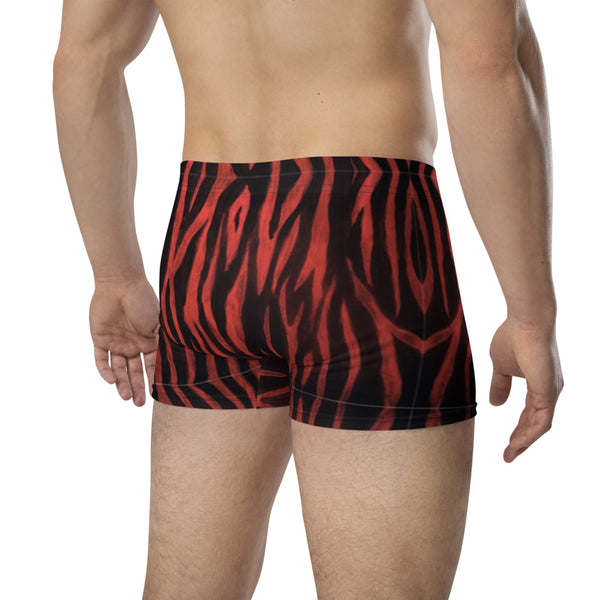 Red Tiger Striped Men's Underwear, Red Animal Print Tiger Stripes Mid-Rise Stretchy Elastic Supportive Designer Premium Best Boxer Briefs Short Tights Undergarments -Made in USA/EU/MX (US Size: XS-3XL)