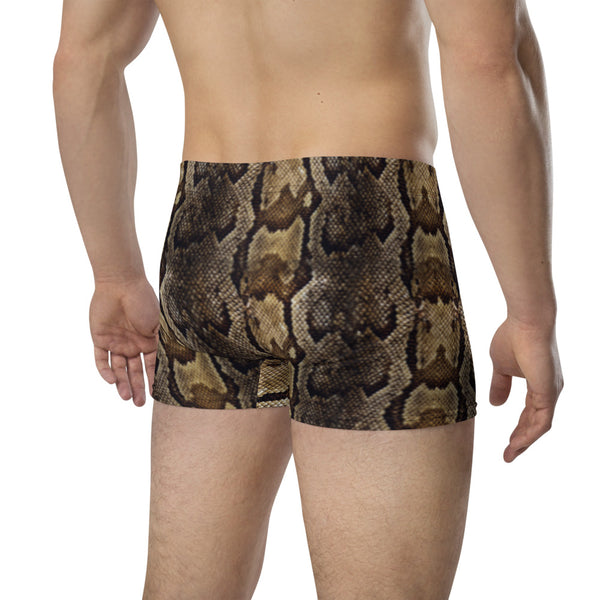 Dark Brown Men's Boxer Briefs, Snake Print Sexy Wild Mid-Rise Stretchy Elastic Supportive Designer Premium Best Boxer Briefs Short Tights Undergarments Underpants -Made in USA/EU/MX (US Size: XS-3XL)