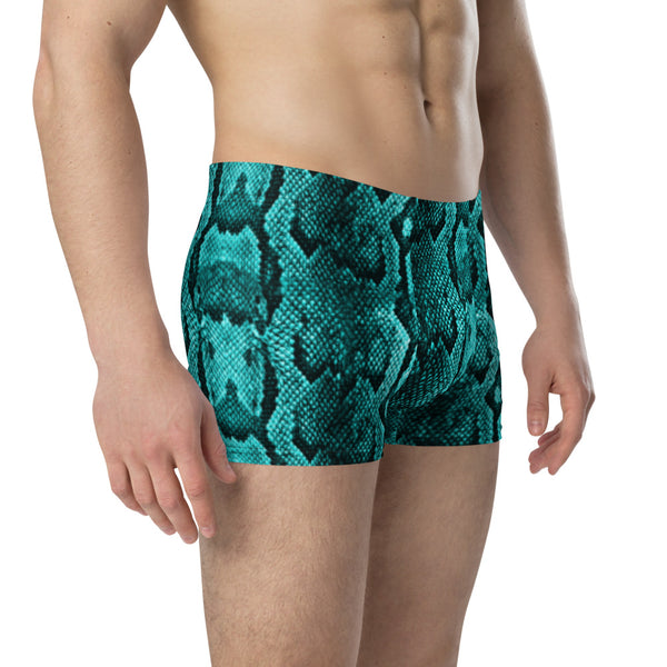 Turquoise Blue Men's Boxer Briefs, Snake Print Sexy Wild Mid-Rise Stretchy Elastic Supportive Designer Premium Best Boxer Briefs Short Tights Undergarments -Made in USA/EU/MX (US Size: XS-3XL)
