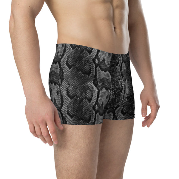 Grey Snake Men's Boxer Briefs, Snake Print Sexy Wild Mid-Rise Stretchy Elastic Supportive Designer Premium Best Boxer Briefs Short Tights Undergarments Underpants -Made in USA/EU/MX (US Size: XS-3XL)