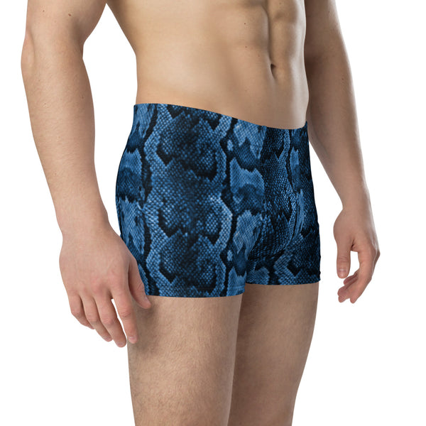 Dark Blue Men's Boxer Briefs, Snake Print Sexy Wild Mid-Rise Stretchy Elastic Supportive Designer Premium Best Boxer Briefs Short Tights Undergarments Underpants -Made in USA/EU/MX (US Size: XS-3XL)