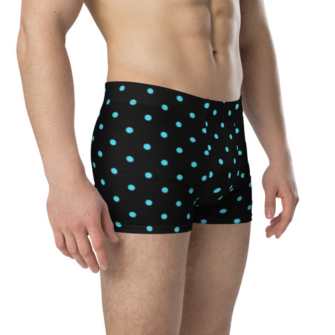 Polka Dots Men's Boxer Briefs, Designer Mid-Rise Black and Blue Dotted Polka Dots Printed Mid-Rise Stretchy Elastic Supportive Designer Premium Best Boxer Briefs Short Tights Undergarments Underpants -Made in USA/EU/MX (US Size: XS-3XL)
