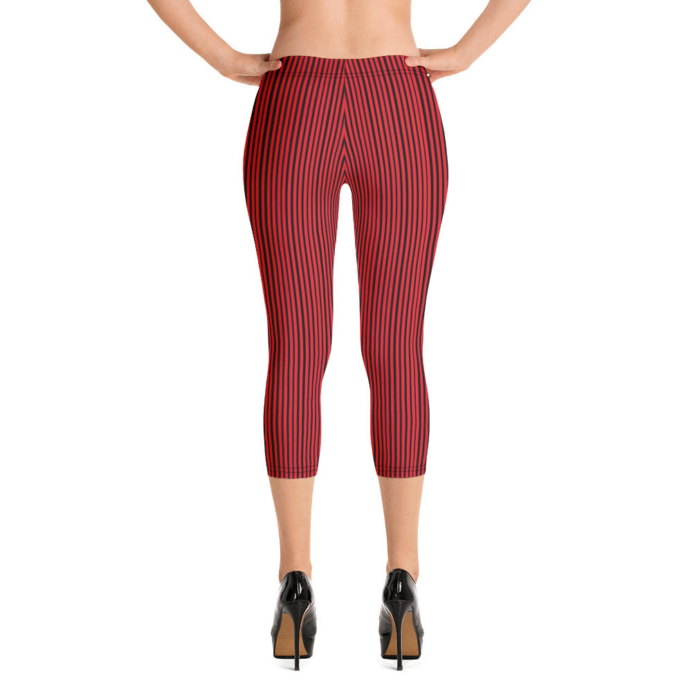 Capri Leggings-Heidikimurart Limited -XS-Heidi Kimura Art LLC Black Red Striped Capri Leggings, Women's Vertical Stripes Designer Stripes Modern Best Women's Casual Tights Capri Leggings Casual Activewear - Made in USA/EU/MX (US Size: XS-XL)