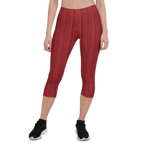 Capri Leggings-Heidikimurart Limited -Heidi Kimura Art LLC Black Red Striped Capri Leggings, Women's Vertical Stripes Designer Stripes Modern Best Women's Casual Tights Capri Leggings Casual Activewear - Made in USA/EU/MX (US Size: XS-XL)