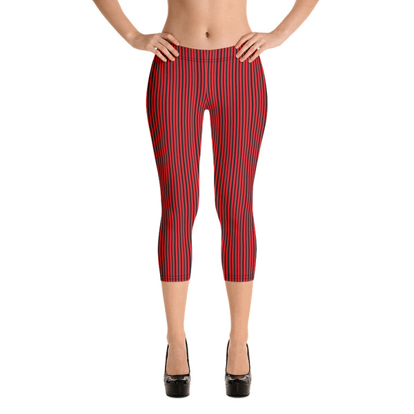 Capri Leggings-Heidikimurart Limited -Heidi Kimura Art LLC Black Red Striped Capri Leggings, Women's Vertical Stripes Designer Stripes Modern Best Women's Casual Tights Capri Leggings Casual Activewear - Made in USA/EU/MX (US Size: XS-XL)
