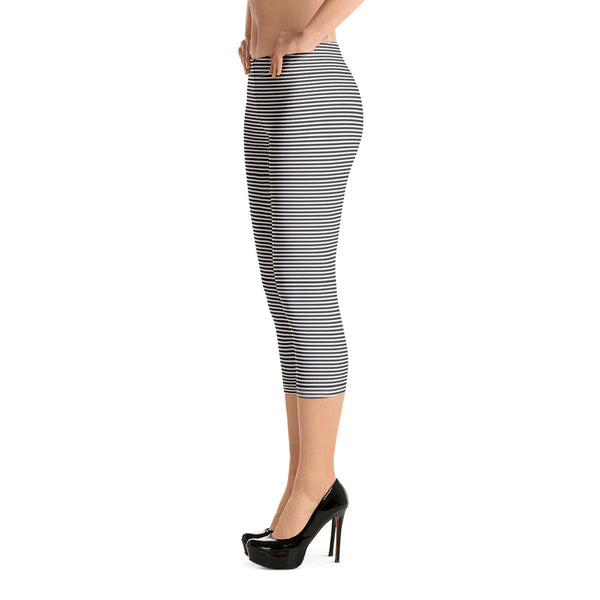 Black Striped Casual Capri Leggings - Heidikimurart Limited Black Striped Casual Capri Leggings, Designer Stripes Modern Best Women's Casual Tights Marble Print Capri Leggings Casual Activewear - Made in USA/EU/MX (US Size: XS-XL)
