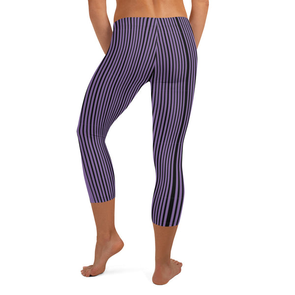 Purple Stripe Casual Capri Leggings - Heidikimurart Limited Purple Stripe Casual Capri Leggings, Modern Striped Women's Casual Capris Tights, Fashionable Printed Athletic Casual Capri Leggings Yoga Pants For Ladies- Made in USA/EU/MX (US Size: XS-XL)