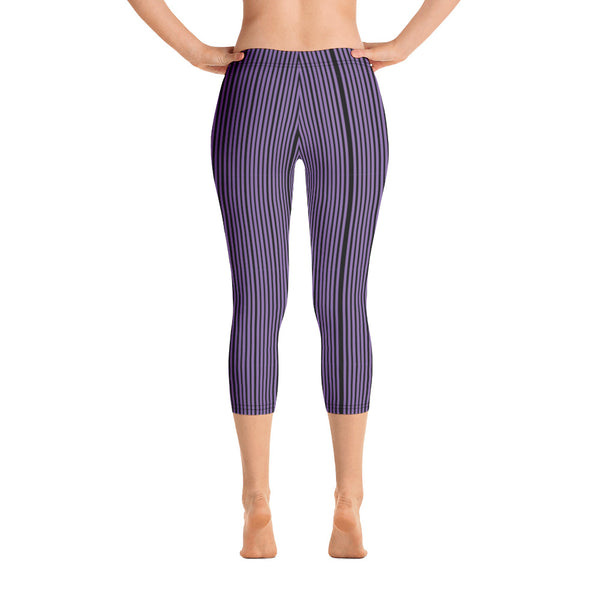 Purple Stripe Casual Capri Leggings, Modern Striped Women's Casual Capris Tights, Fashionable Printed Athletic Casual Capri Leggings Yoga Pants For Ladies- Made in USA/EU/MX (US Size: XS-XL) Purple Stripe Casual Capri Leggings - Heidikimurart Limited 
