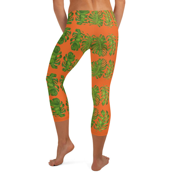 Orange Tropical Leaf Capri Leggings - Heidikimurart Limited  Orange Tropical Leaf Capri Leggings, Hawaiian Style Leaves Green Fashionable Printed Athletic Casual Capri Leggings Yoga Pants For Ladies- Made in USA/EU/MX (US Size: XS-XL)