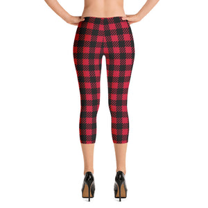 Buffalo Red Plaid Capri Leggings, Printed Women's Capris Tights