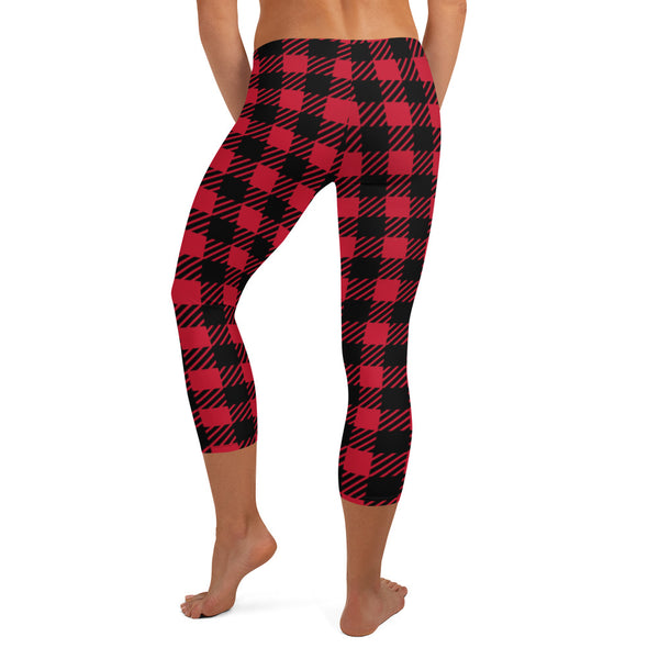 Buffalo Red Plaid Capri Leggings, Printed Women's Capris Tights