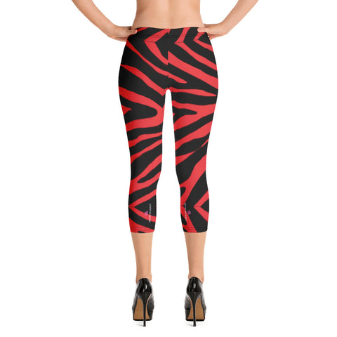 Red Zebra Print Capri Leggings, Zebra Stripes Animal Print Capri Leggings, Modern Best Women's Casual Tights Capri Leggings Casual Activewear, ‎Women's Capri Leggings, Girls Capri Gym Leggings, Capri Leggings For Summer - Made in USA/EU/MX (US Size: XS-XL)