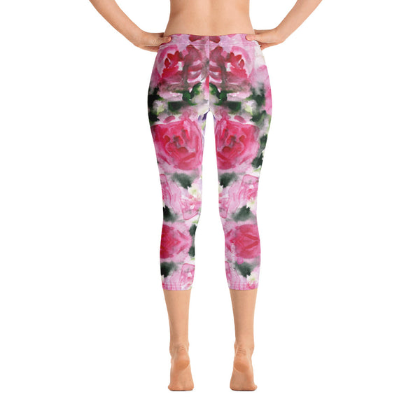 Cute Capris Floral Tights, Pink Flower Women's Capris Tights, Pink Princess Rose Watercolor Style Floral Designer Casual 38–40 UPF Capri Leggings Activewear Sports Casual Best Outfit - Made in USA/EU/MX (US Size: XS-XL) Capri Pink Floral Leggings for Women, Pink Floral Flower Pattern Print Women's Capri Leggings, Pink Floral Legging, Floral Capris, Pink Capris  