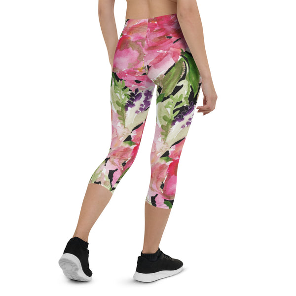 Pink Rose Floral Capris Tights, Pink Rose Floral Elegant Chic Best Designer Women's Fashion Casual Capri Tights Women's Leggings - Made in USA/EU/MX (US Size: XS-XL)