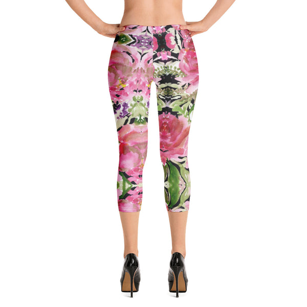 Flower Rose Casual Capri Leggings, Pink Floral Casual Tights Floral Designer Casual 38–40 UPF Capri Leggings Activewear Outfit - Made in USA/EU/MX (US Size: XS-XL)