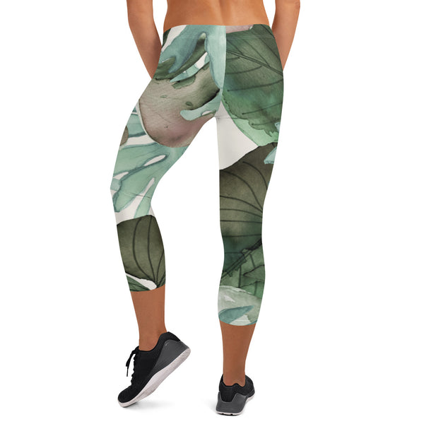 Tropical Green Print Capri Leggings, Designer Plant Leave Printed Capri Leggings, Modern Best Women's Casual Tights Capri Leggings Casual Activewear, ‎Women's Capri Leggings, Girls Capri Gym Leggings, Capri Leggings For Summer - Made in USA/EU/MX (US Size: XS-XL)