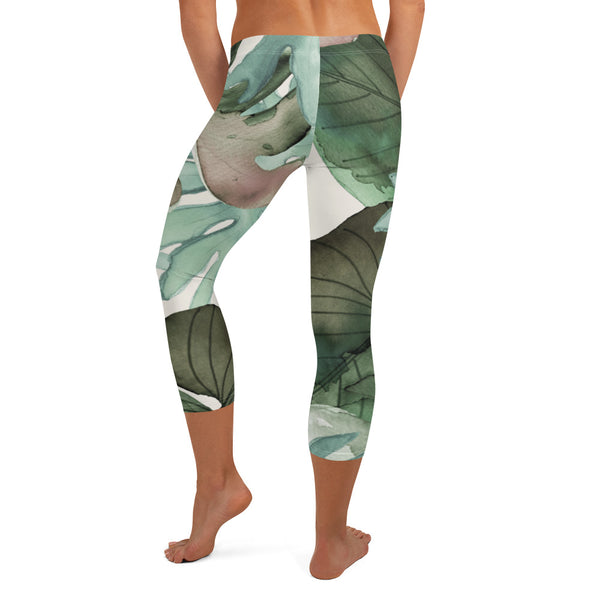 Tropical Green Print Capri Leggings, Designer Plant Leave Printed Capri Leggings, Modern Best Women's Casual Tights Capri Leggings Casual Activewear, ‎Women's Capri Leggings, Girls Capri Gym Leggings, Capri Leggings For Summer - Made in USA/EU/MX (US Size: XS-XL)