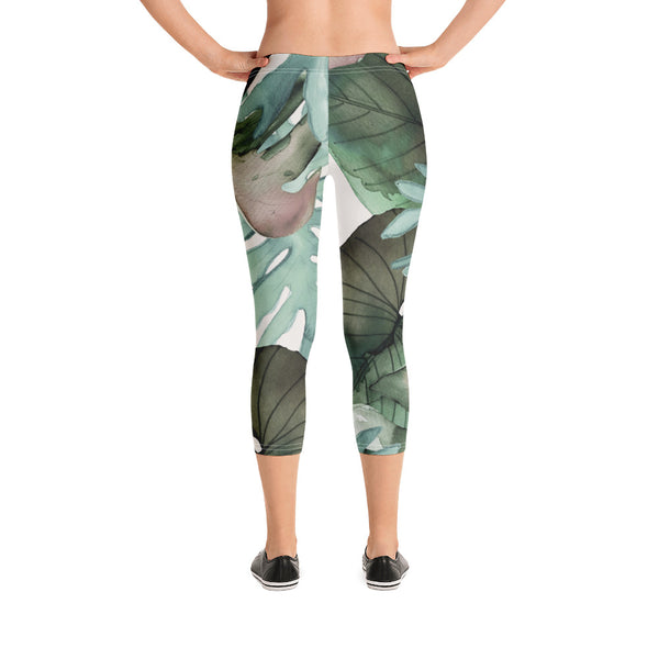 Tropical Green Print Capri Leggings, Designer Plant Leave Printed Capri Leggings, Modern Best Women's Casual Tights Capri Leggings Casual Activewear, ‎Women's Capri Leggings, Girls Capri Gym Leggings, Capri Leggings For Summer - Made in USA/EU/MX (US Size: XS-XL)