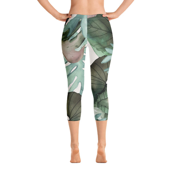 Green Tropical Print Capri Leggings, Best Floral Printed Designer Casual Capris Tights For Women-Made in USA/EU/MX (US Size: XS-XL)