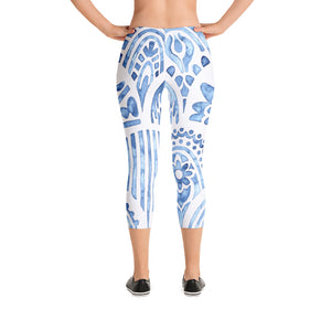 Blue Abstract Print Capri Leggings